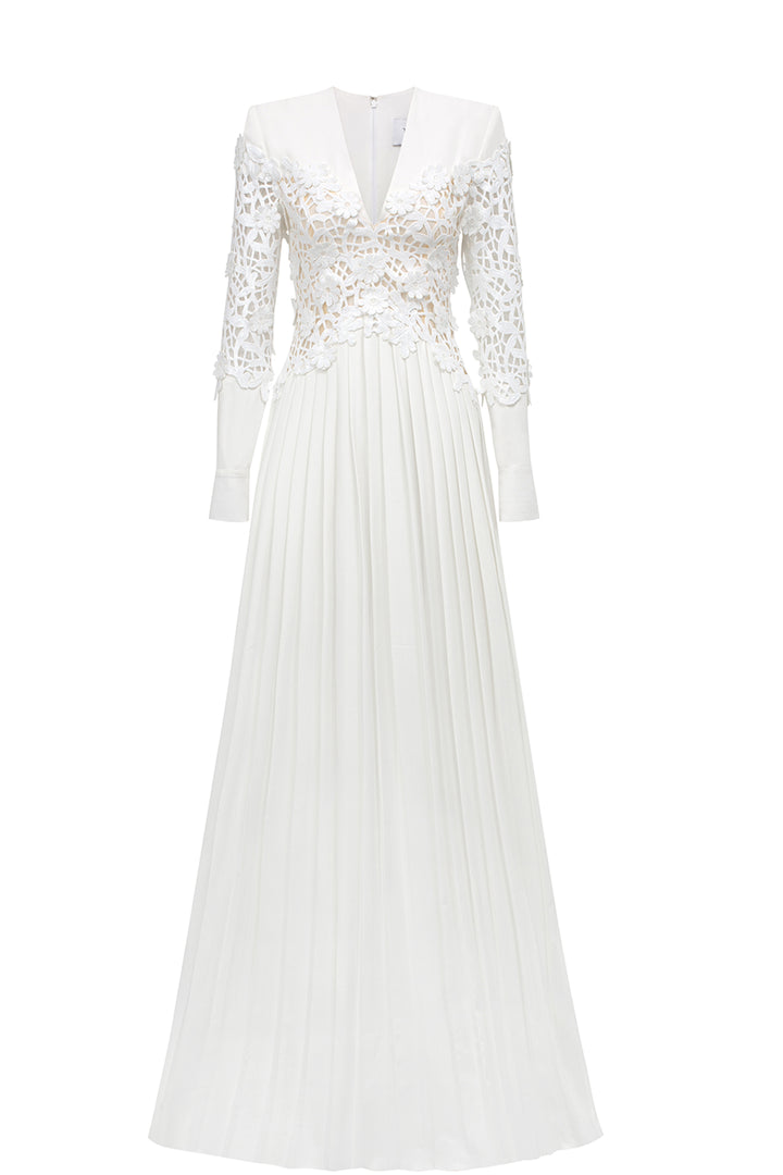 Long Sleeve Deep V-Neck Floral Pleated Dress