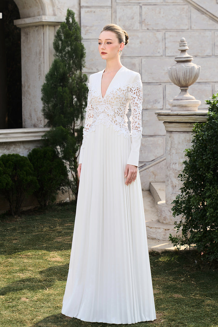 Long Sleeve Deep V-Neck Floral Pleated Dress