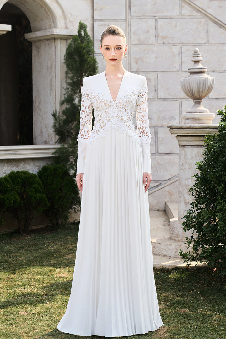 Long Sleeve Deep V-Neck Floral Pleated Dress