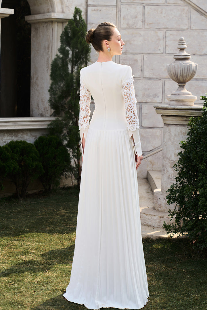 Long Sleeve Deep V-Neck Floral Pleated Dress