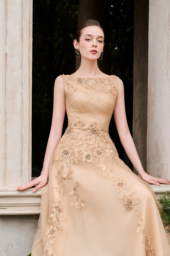 Sleeveless Boat Neck Draped A-Line Dress