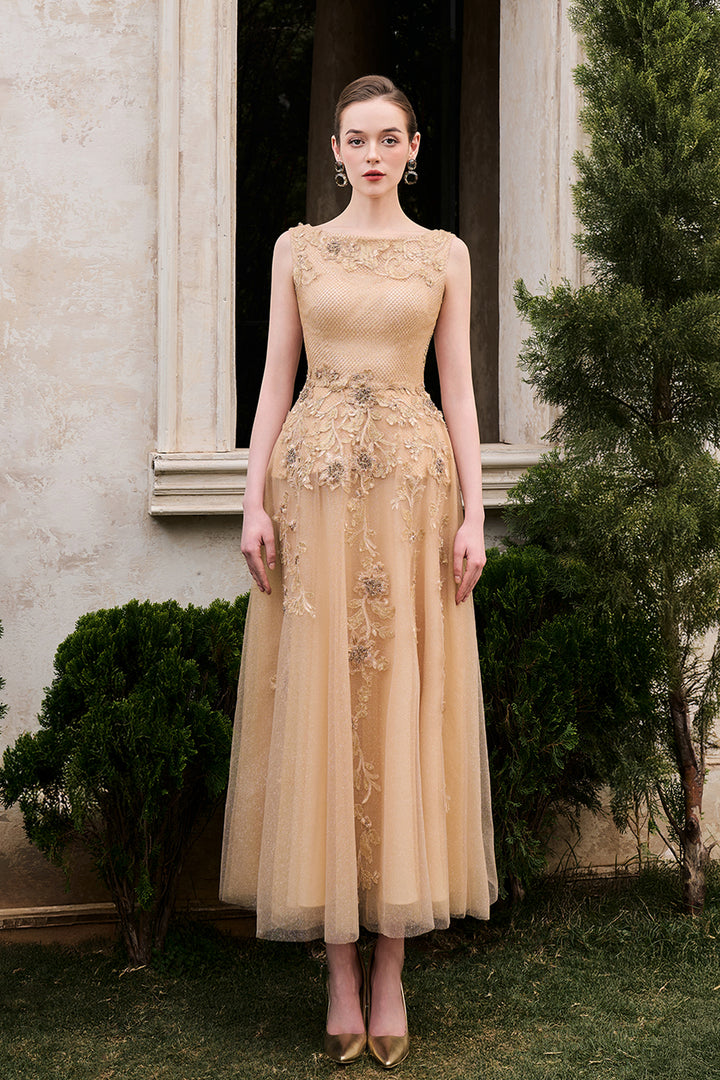 Sleeveless Boat Neck Draped A-Line Dress