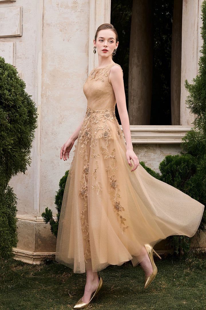 Sleeveless Boat Neck Draped A-Line Dress