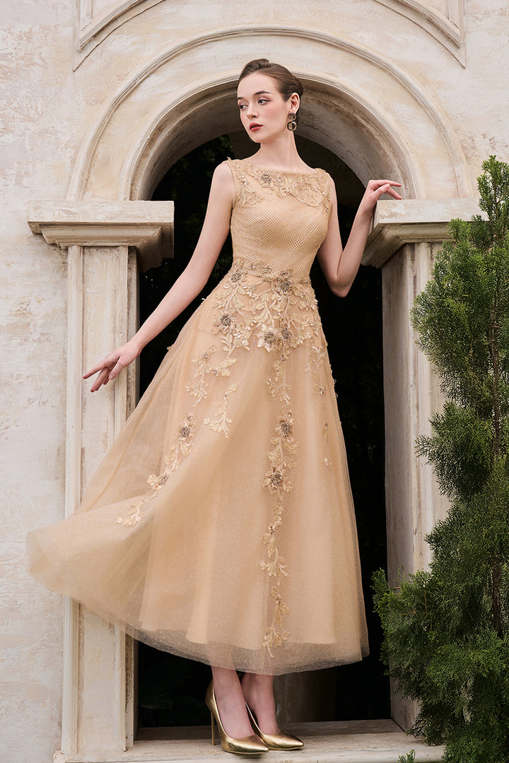 Sleeveless Boat Neck Draped A-Line Dress