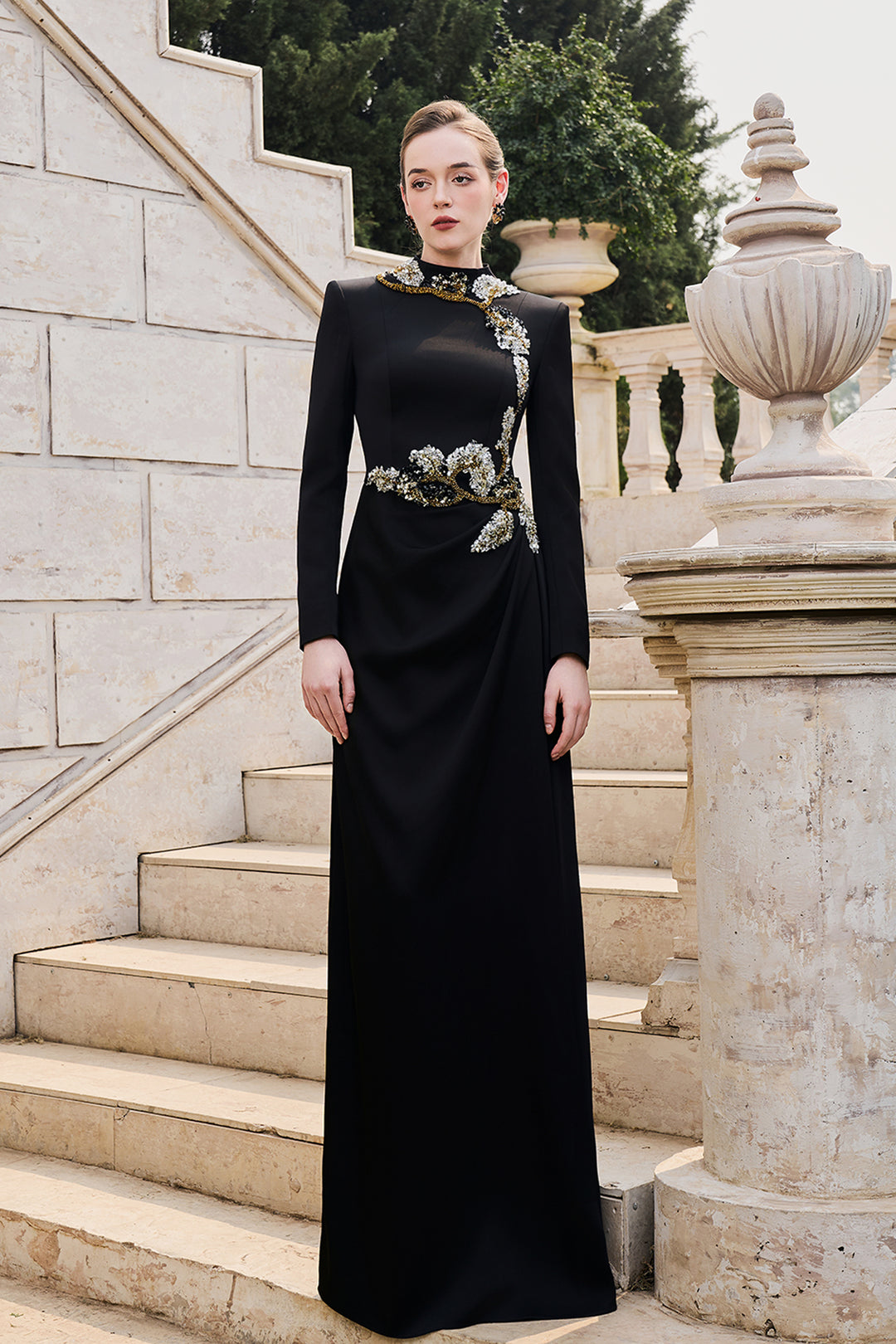 black long sleeve dress with gold embroidery Women's Black Boho Dress with Long Sleeves and Intricate Embroidery