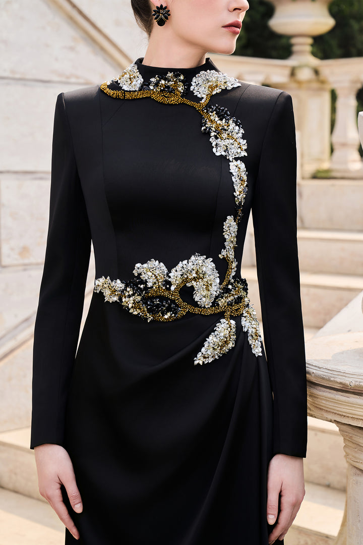 High Neckline Long Sleeve Floral Dress