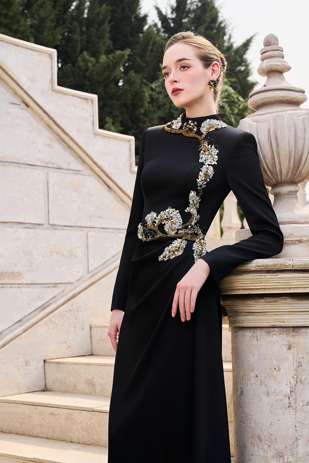 High Neckline Long Sleeve Floral Dress