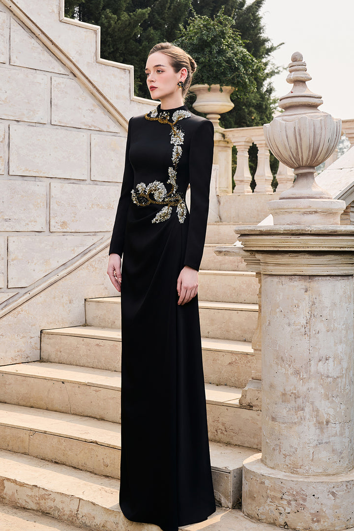 High Neckline Long Sleeve Floral Dress