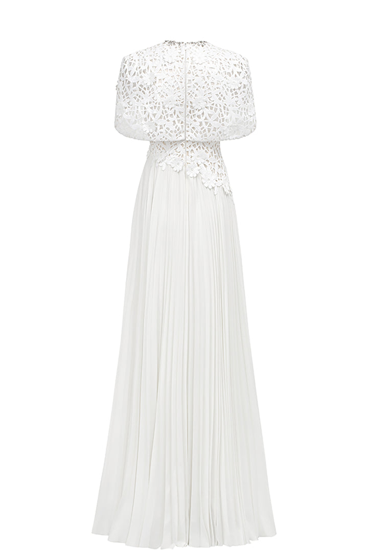 Short Cape Sleeve Floral Lace Pleated Dress