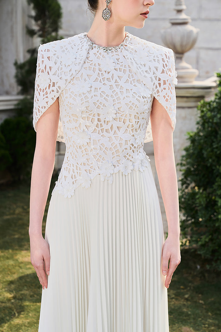 Short Cape Sleeve Floral Lace Pleated Dress