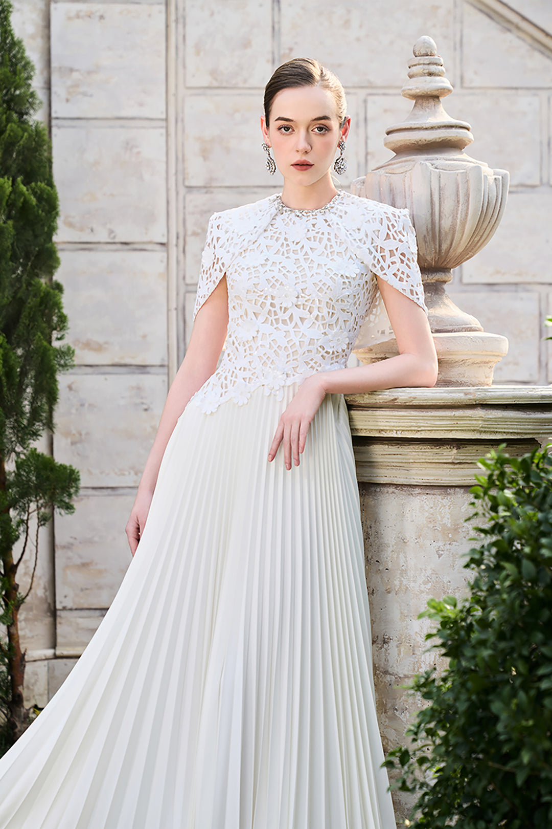 Short Cape Sleeve Floral Lace Pleated Dress White / FR 48 Short Cape Sleeve Floral Lace Pleated Dress White / FR 48