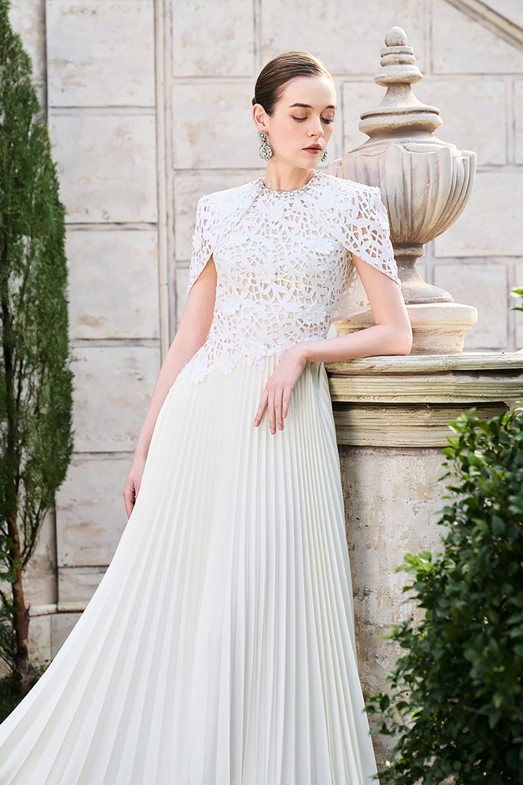 Short Cape Sleeve Floral Lace Pleated Dress White / FR 48 Short Cape Sleeve Floral Lace Pleated Dress White / FR 48