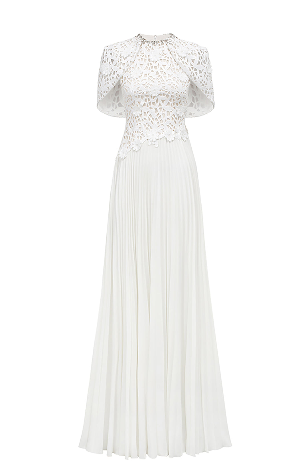 Short Cape Sleeve Floral Lace Pleated Dress White / FR 48 Short Cape Sleeve Floral Lace Pleated Dress White / FR 48