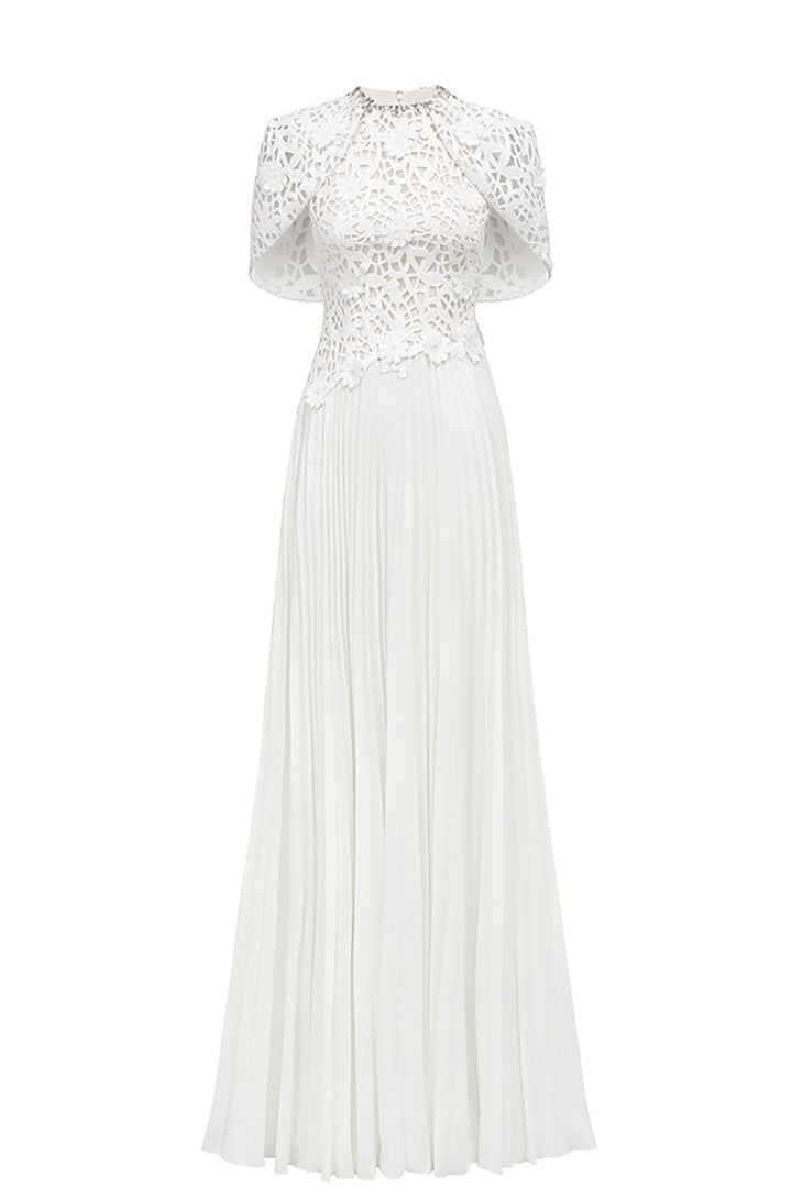 Short Cape Sleeve Floral Lace Pleated Dress