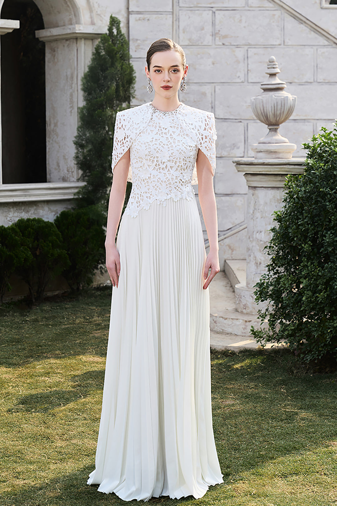 Short Cape Sleeve Floral Lace Pleated Dress White / FR 48 Short Cape Sleeve Floral Lace Pleated Dress White / FR 48