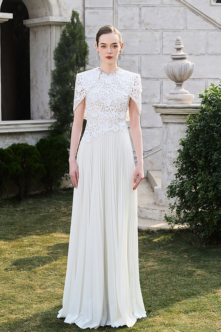 Short Cape Sleeve Floral Lace Pleated Dress