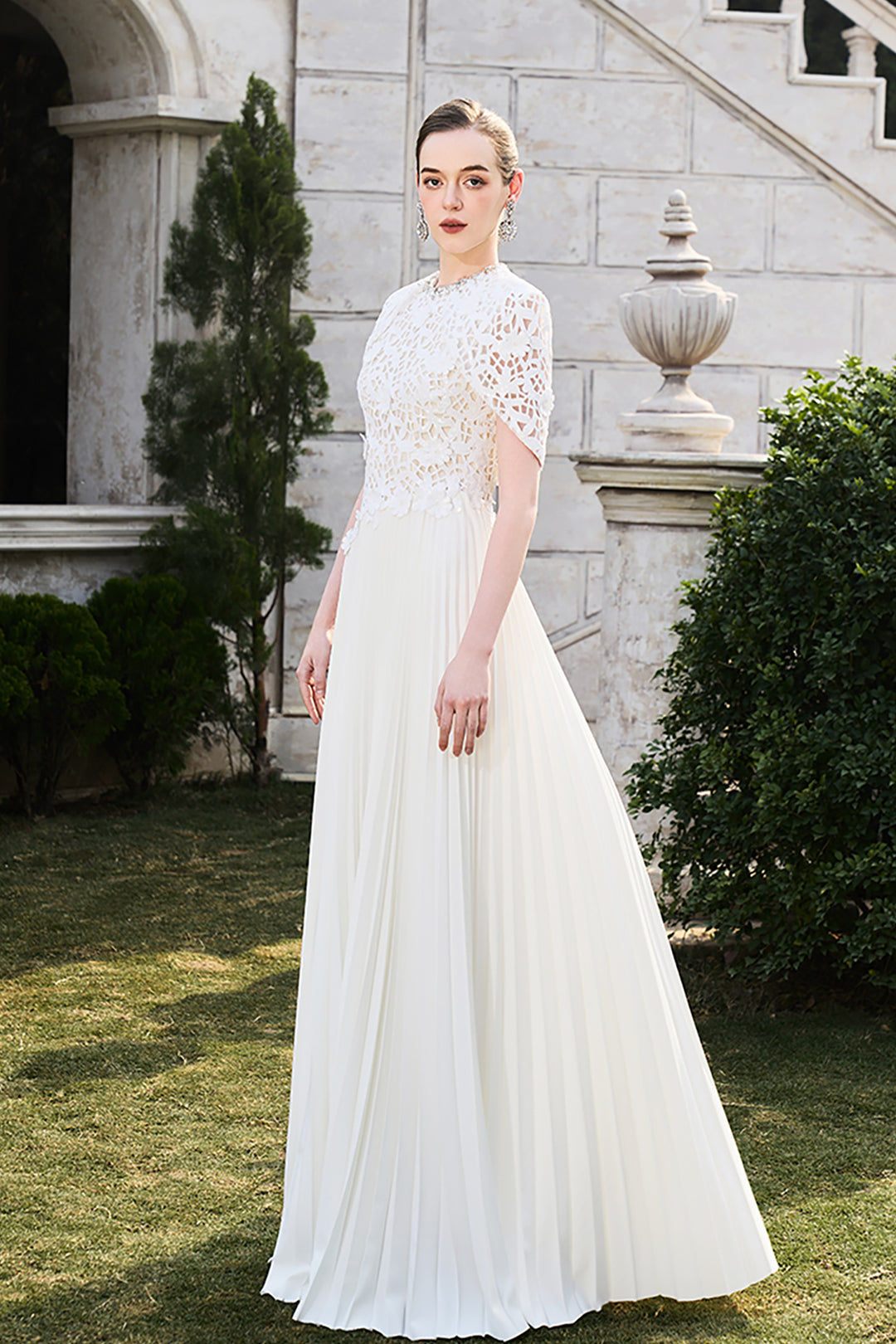 Short Cape Sleeve Floral Lace Pleated Dress