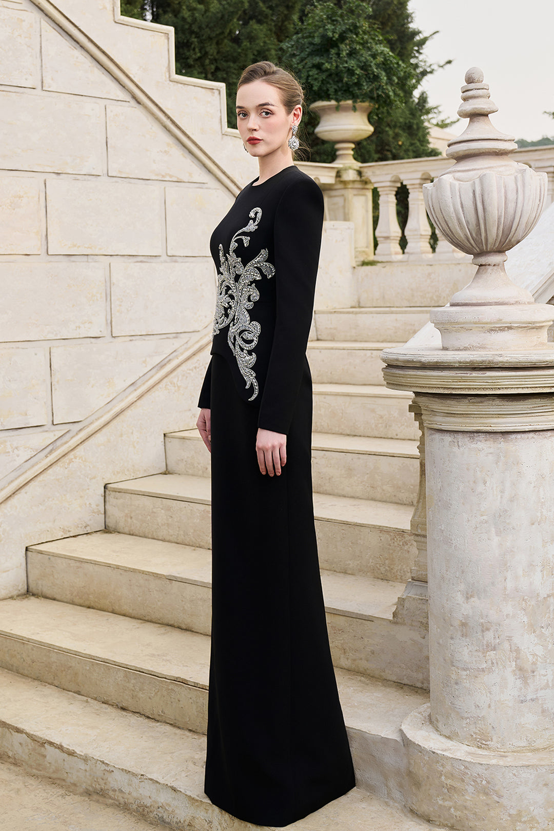 Side Crystal-Embellished Floor Length Dress