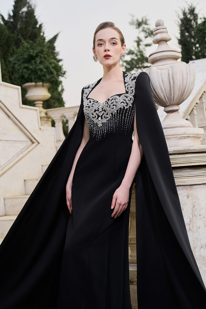 Long Flowy Sleeves Cape Crystal-Embellished Dress