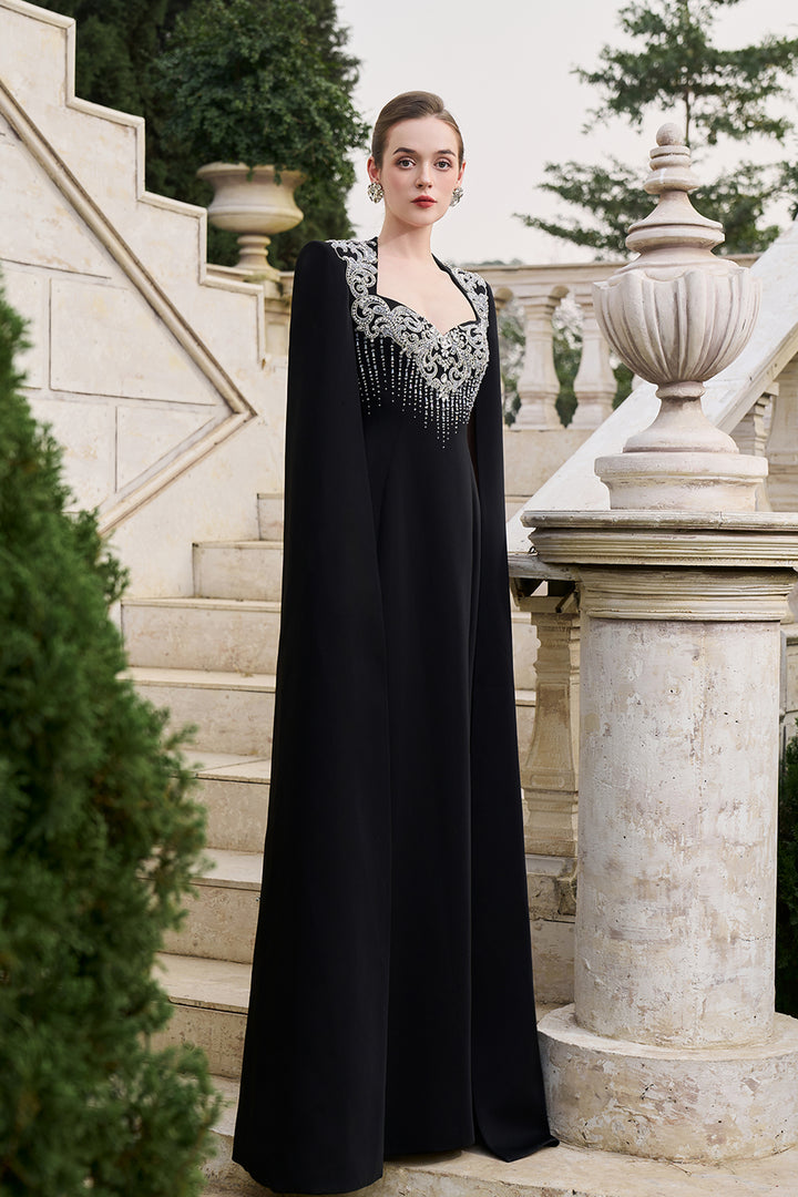 Long Flowy Sleeves Cape Crystal-Embellished Dress