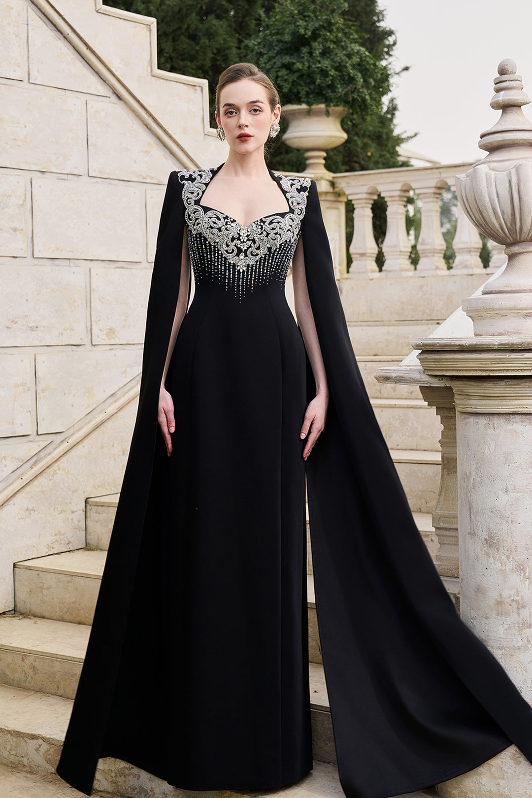 Long Flowy Sleeves Cape Crystal-embellished Dress Black / FR 42 Long Flowy Sleeves Cape Crystal-embellished Dress Black / FR 42