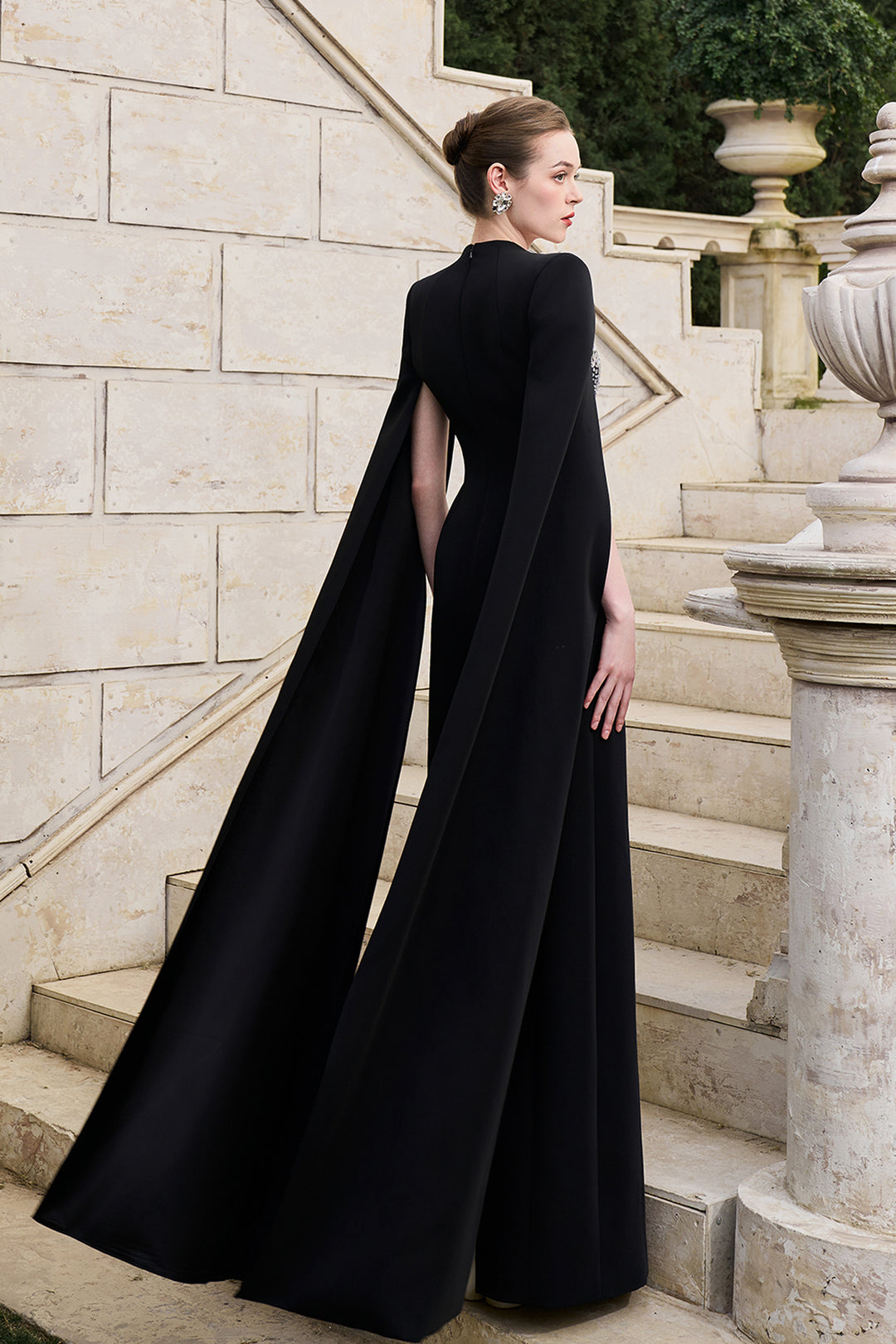 Long Flowy Sleeves Cape Crystal-Embellished Dress