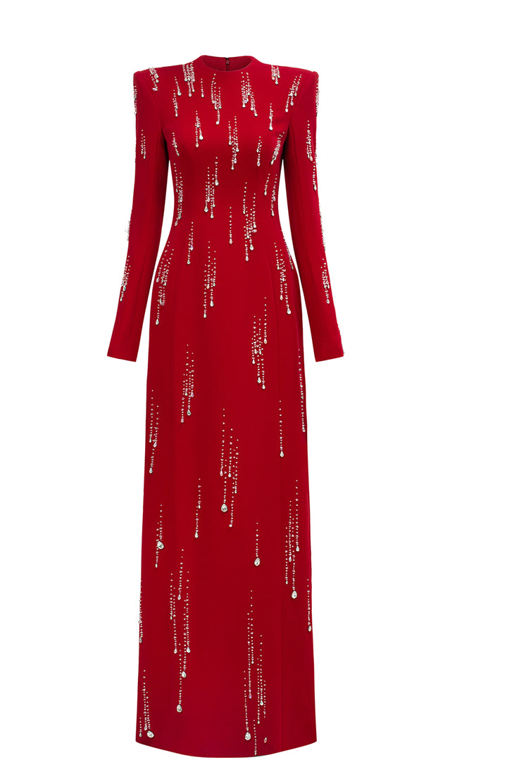 Long Sleeve Rainfall Crystal-Embellished Dress