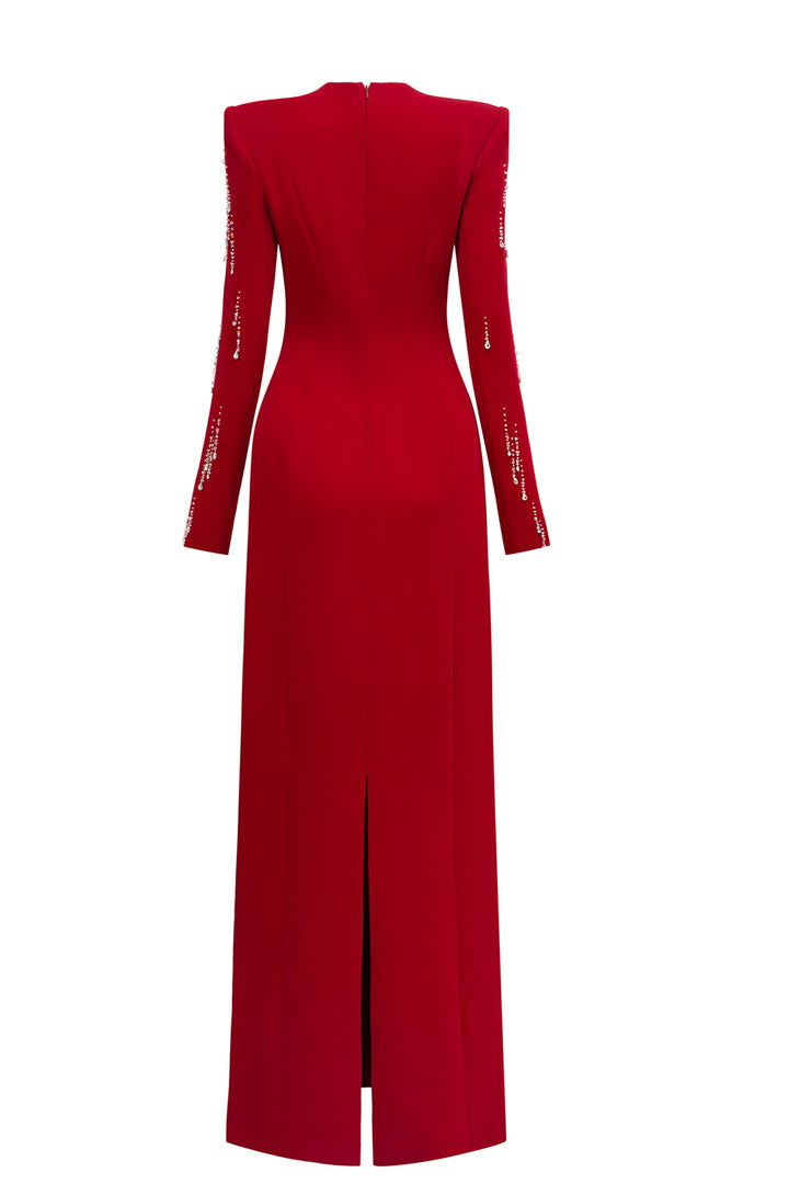 Long Sleeve Rainfall Crystal-Embellished Dress