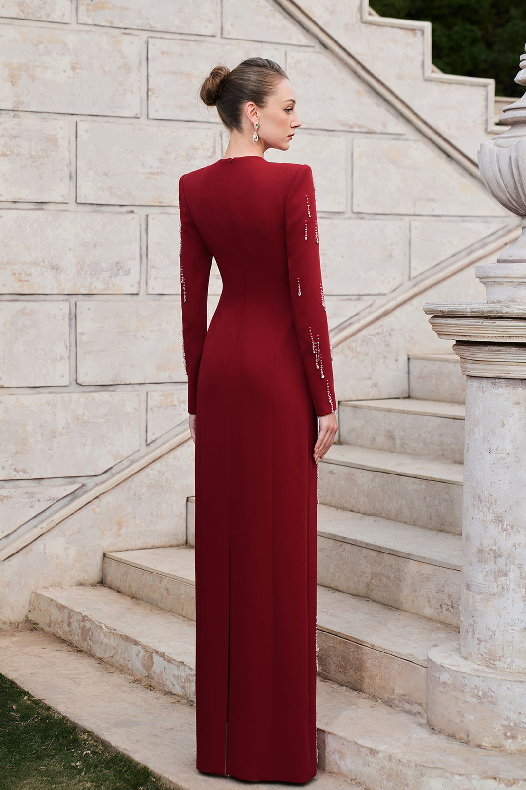 Long Sleeve Rainfall Crystal-Embellished Dress