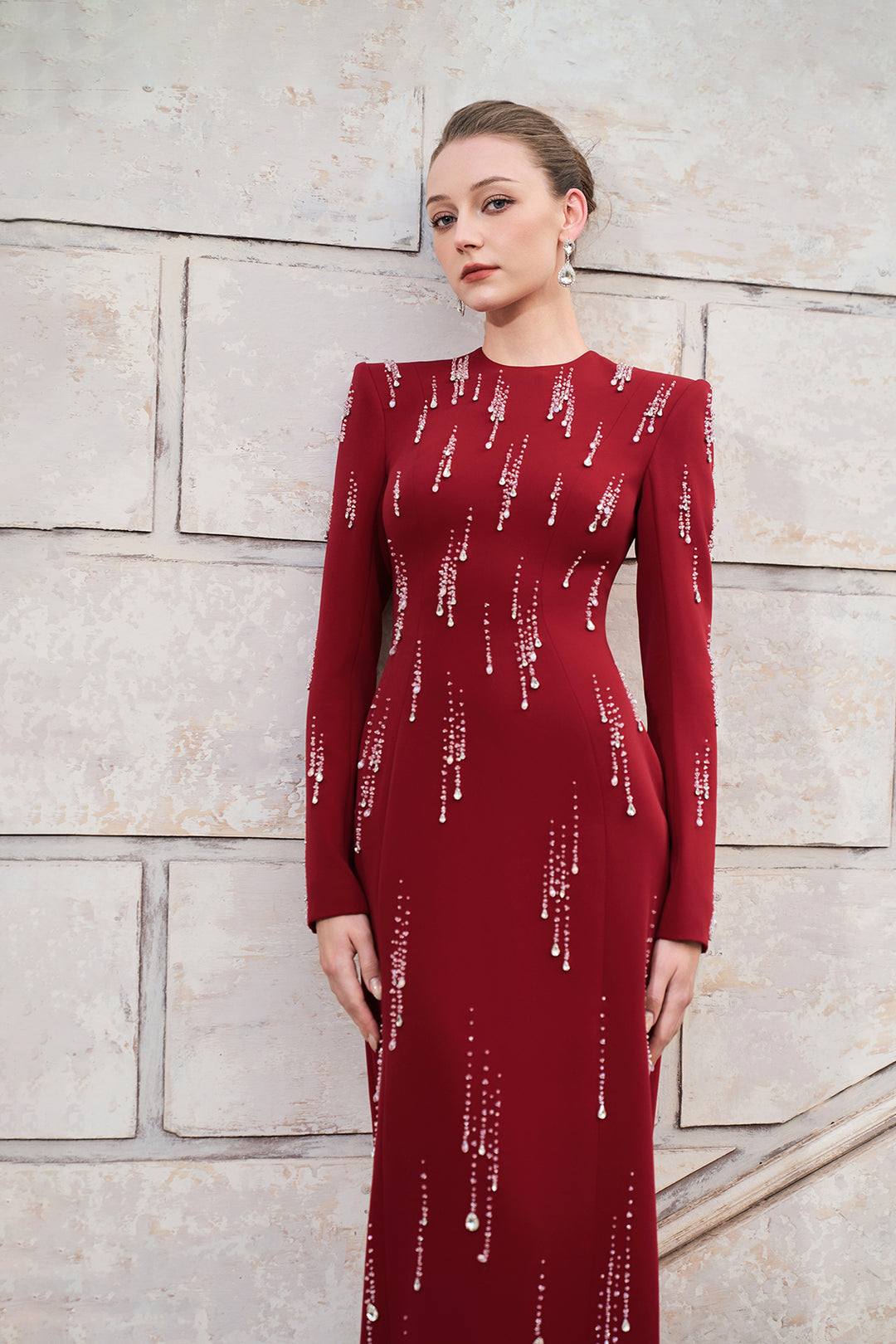 Long Sleeve Rainfall Crystal-Embellished Dress