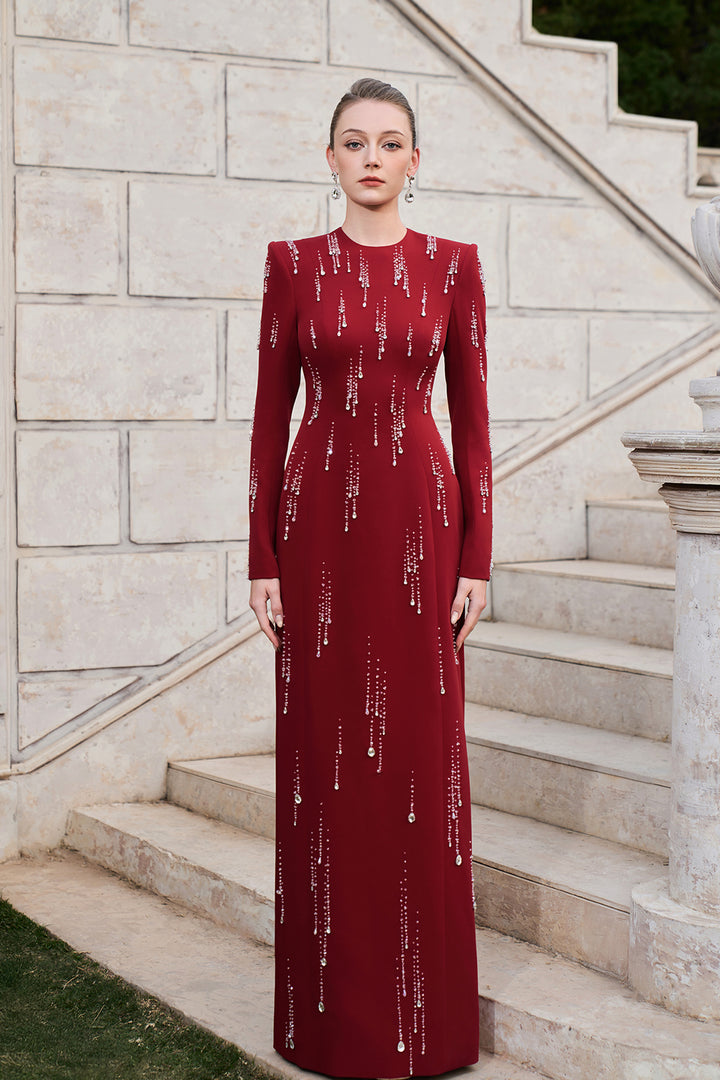 Long Sleeve Rainfall Crystal-Embellished Dress