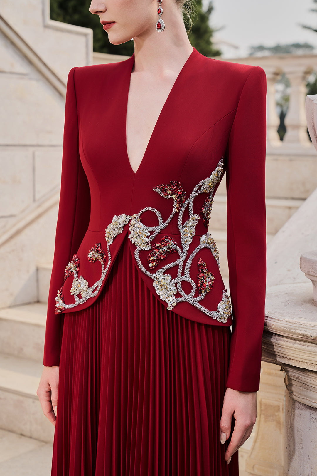 V-Neckline Long Sleeves Flared Pleated Dress