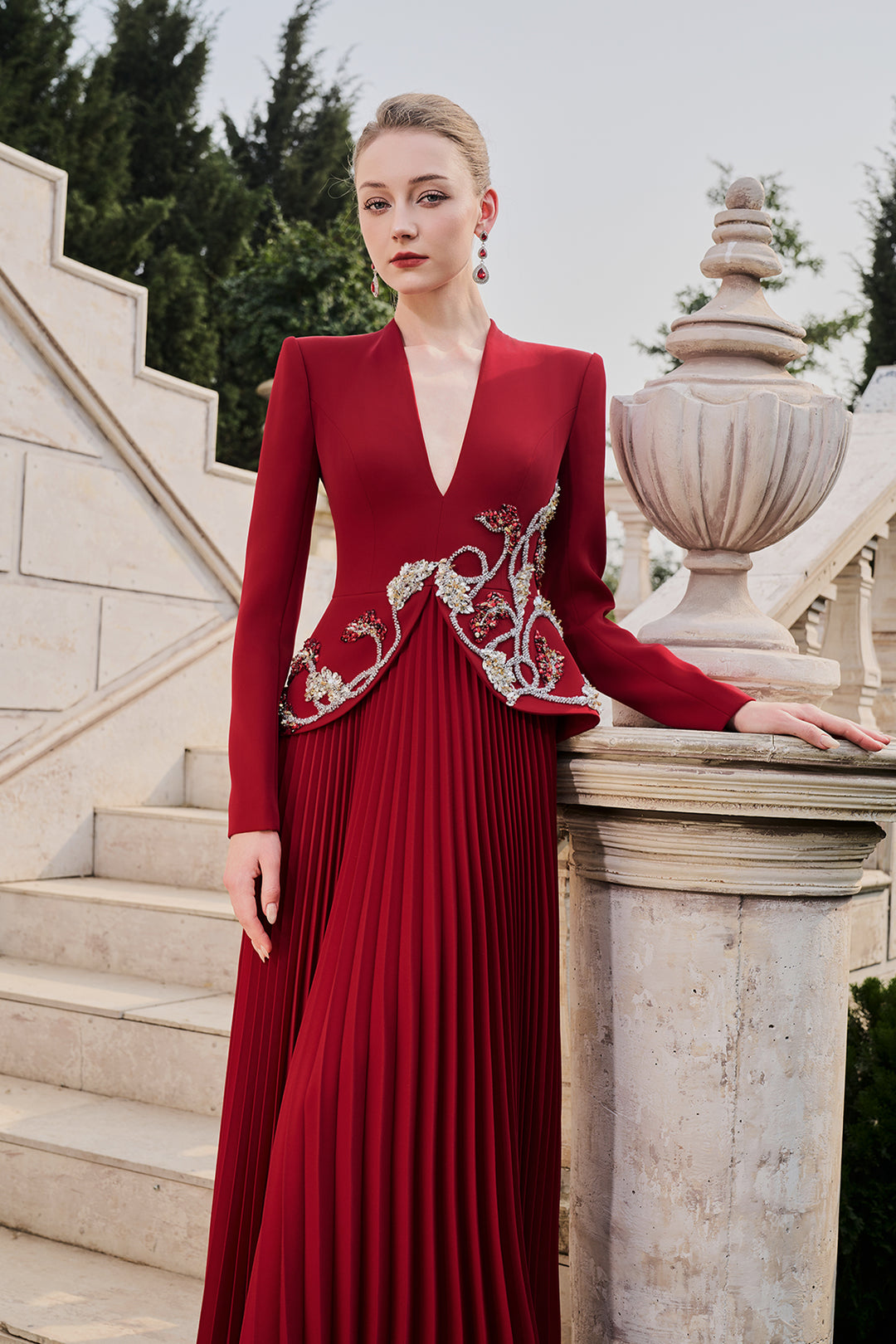 V-Neckline Long Sleeves Flared Pleated Dress