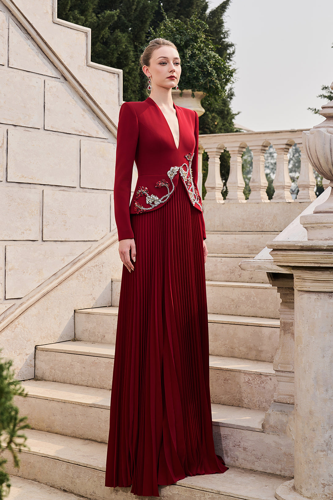 V-Neckline Long Sleeves Flared Pleated Dress