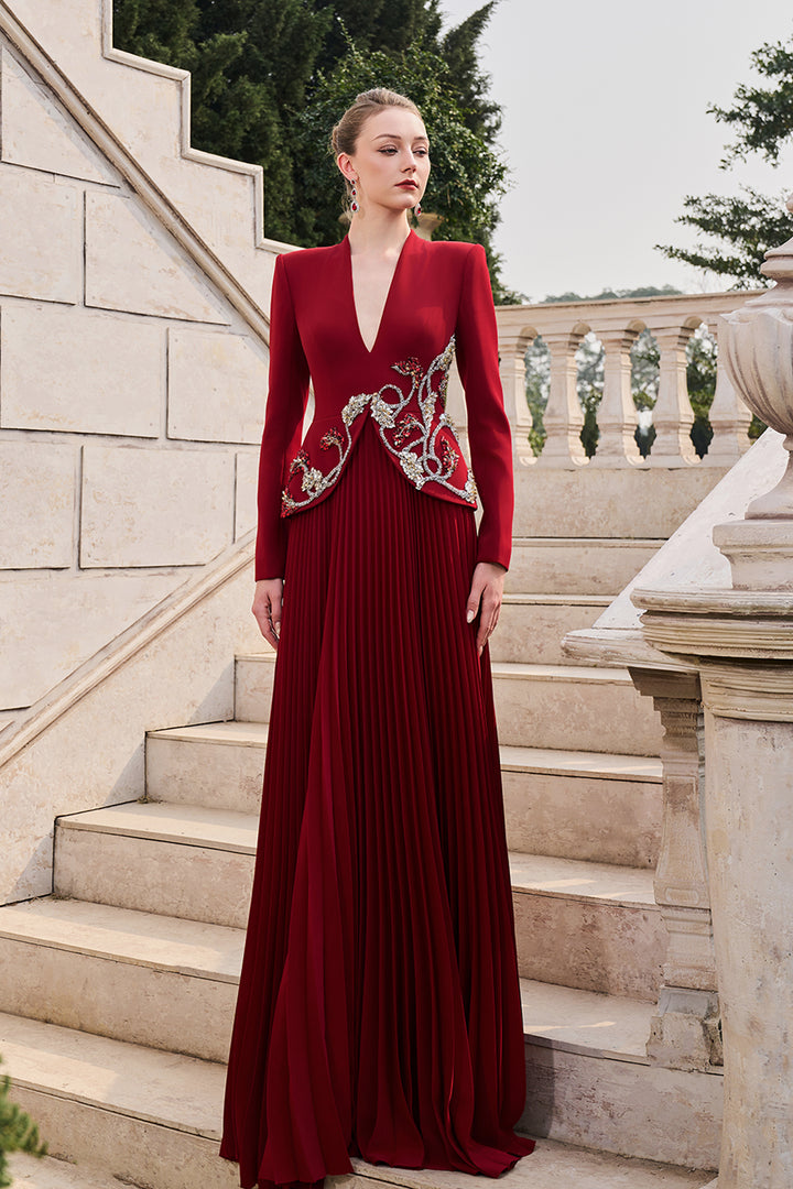 V-Neckline Long Sleeves Flared Pleated Dress