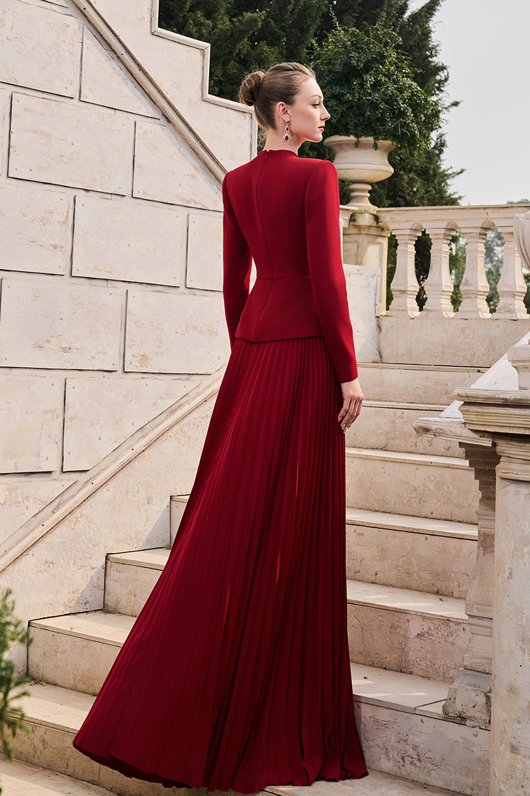 V-Neckline Long Sleeves Flared Pleated Dress