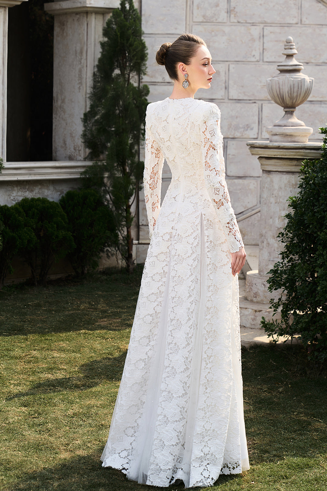 Floral Lace Long Sleeve Flared A-line Dress