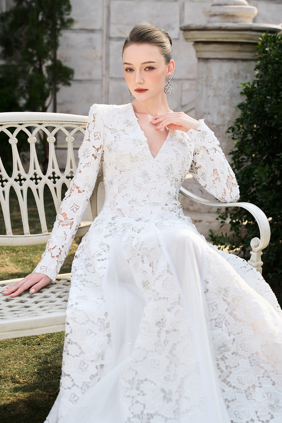 Floral Lace Long Sleeve Flared A-line Dress