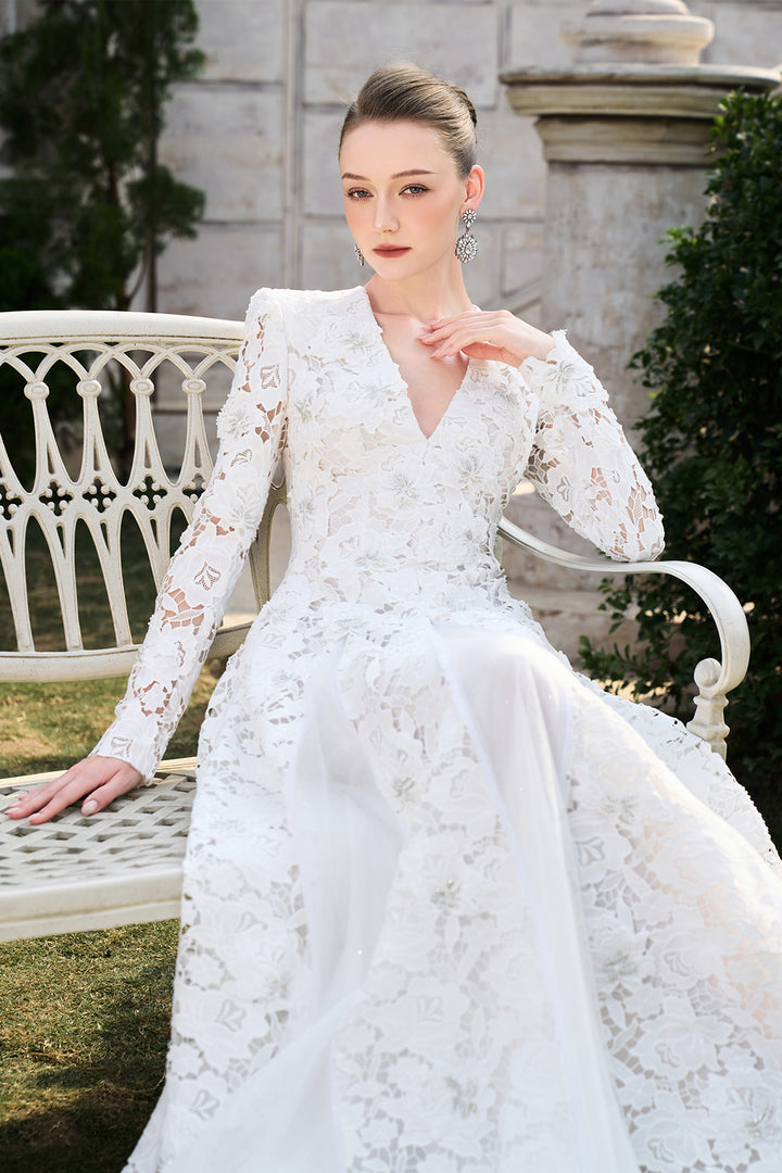 Floral Lace Long Sleeve Flared A-line Dress