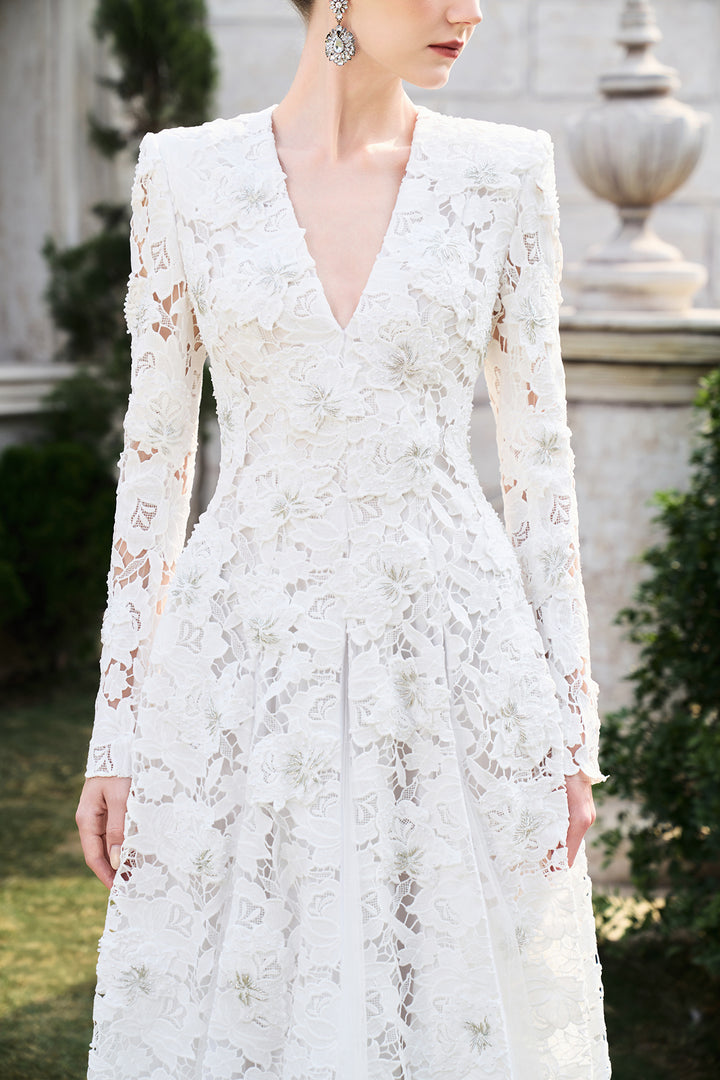 Floral Lace Long Sleeve Flared A-line Dress