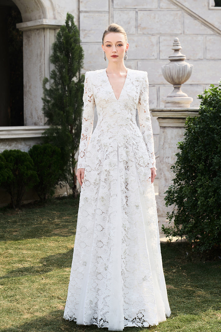 Floral Lace Long Sleeve Flared A-line Dress