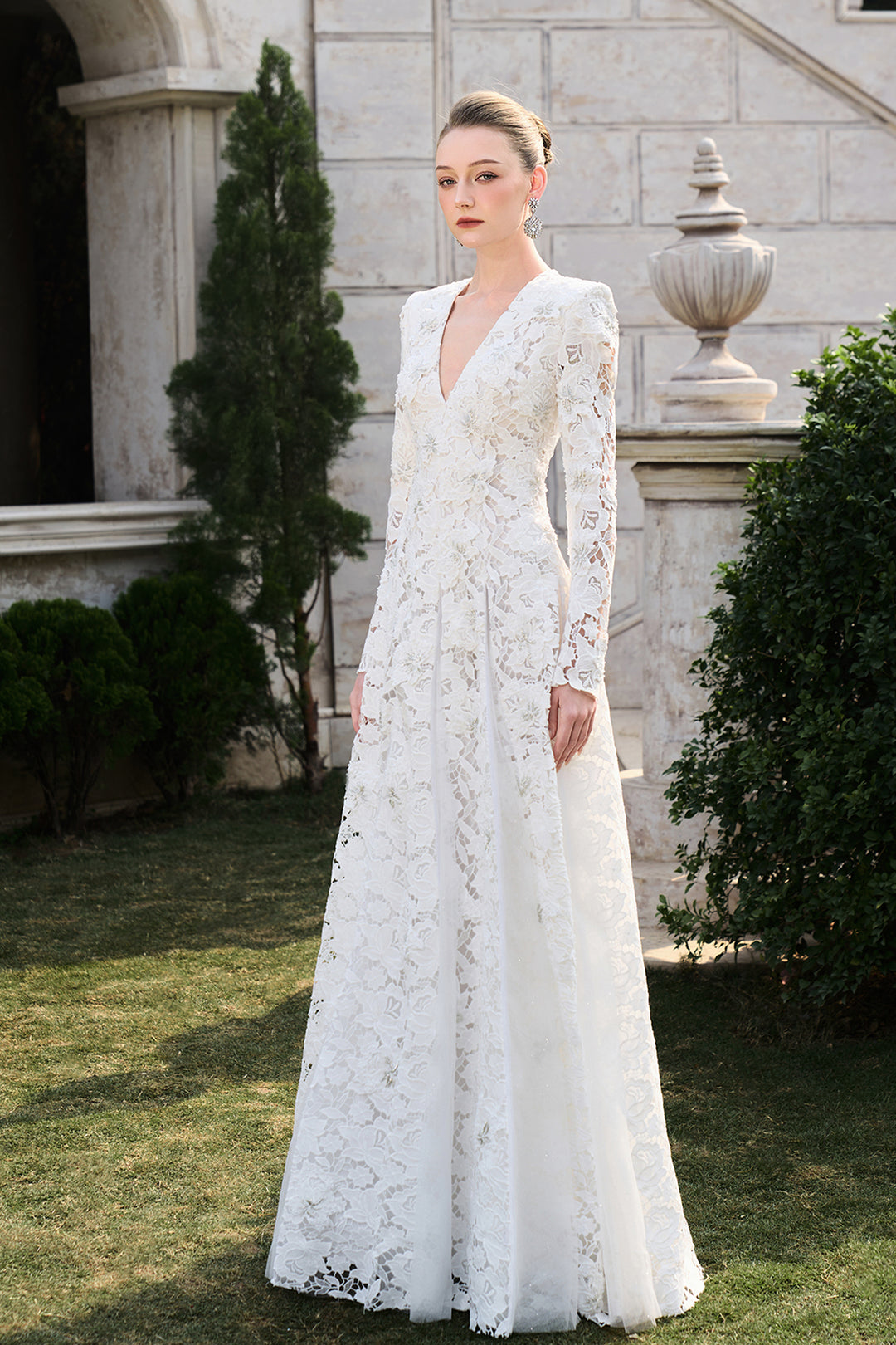 Floral Lace Long Sleeve Flared A-line Dress White / FR 38