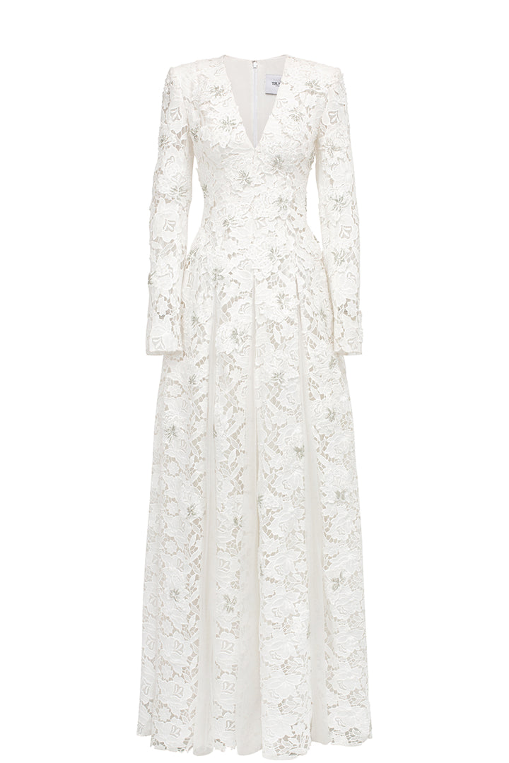 Floral Lace Long Sleeve Flared A-line Dress