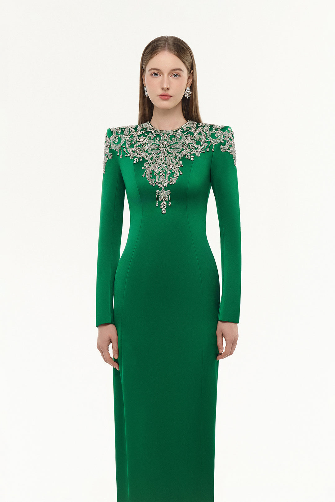 Long Sleeve Stylized Crystal-Embellished Straight Dress