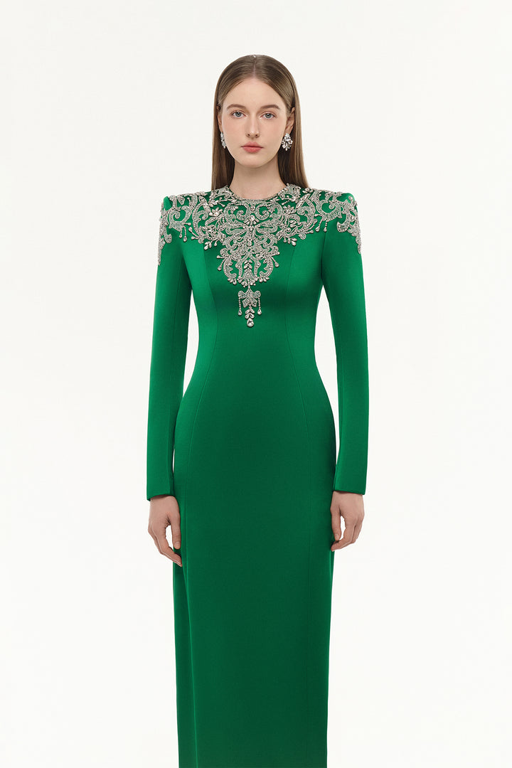 Long Sleeve Stylized Crystal-Embellished Straight Dress
