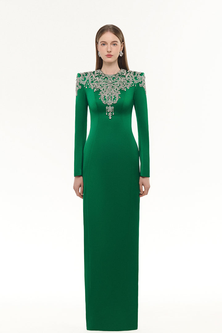 Long Sleeve Stylized Crystal-Embellished Straight Dress