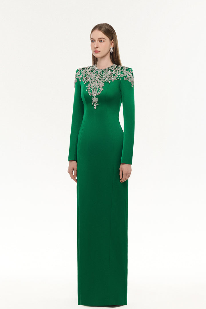 Long Sleeve Stylized Crystal-Embellished Straight Dress