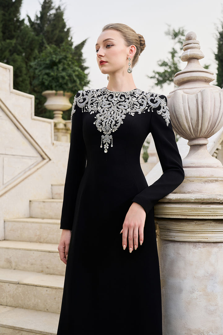 Crystal-Embellished Long Sleeve Dress