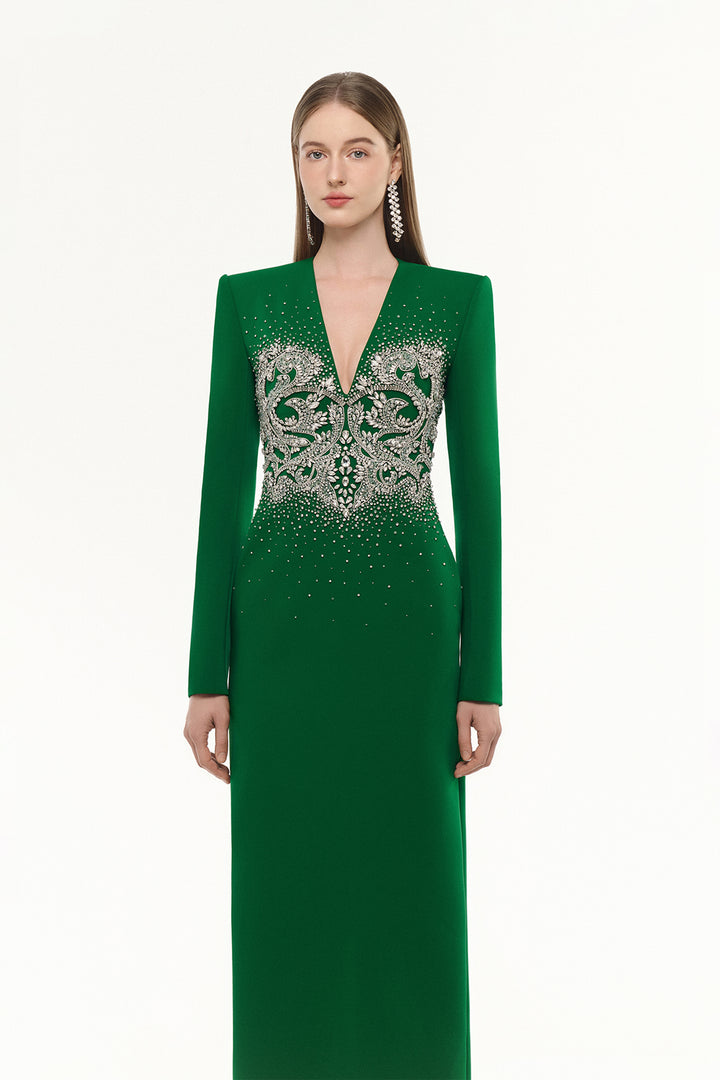 Deep V-Neckline Crystal-Embellished Dress
