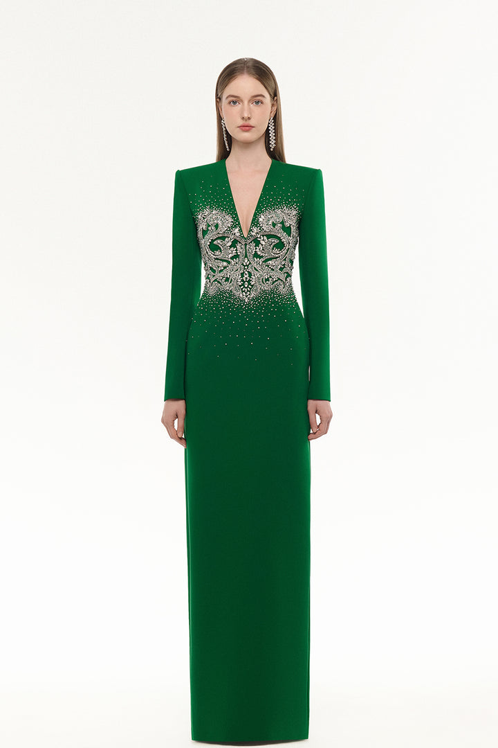 Deep V-Neckline Crystal-Embellished Dress